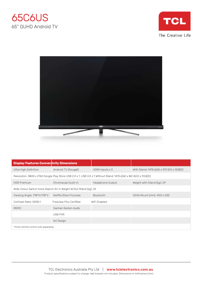 Page 1 de la notice Fiche technique TCL 65C6US