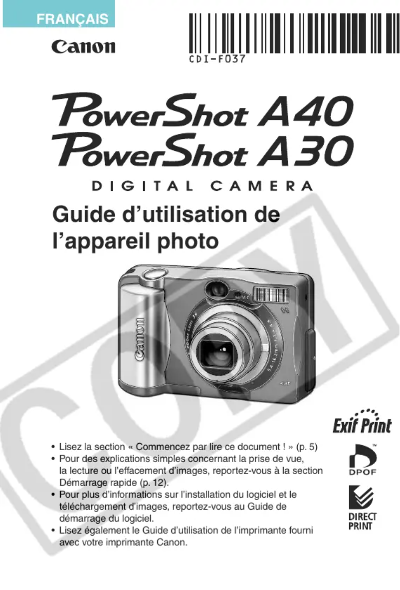 Page 1 de la notice Manuel utilisateur Canon Powershot A 30