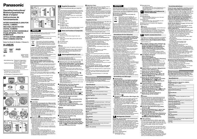 Image de la première page du manuel de l'appareil Lumix G 25mm f/1.7