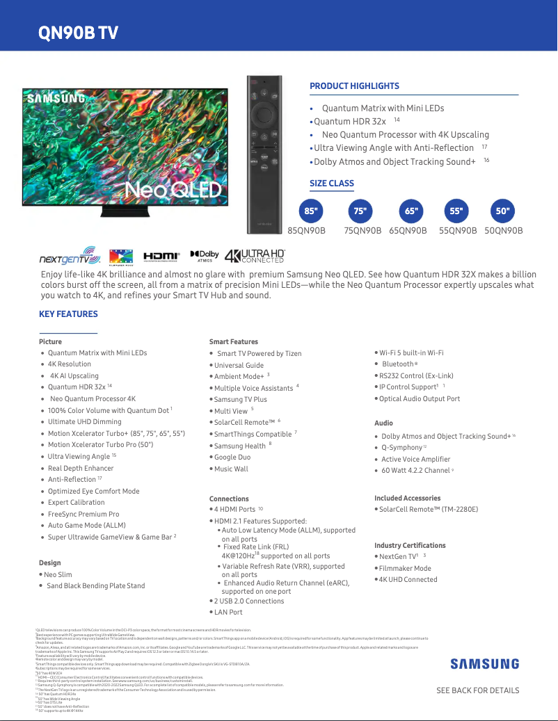 Página 1 del manual Ficha técnica Samsung QN85QN90B