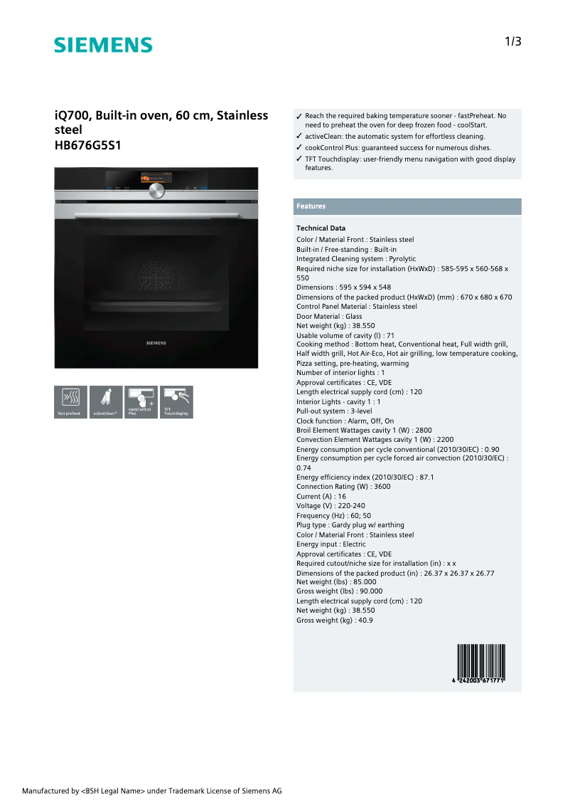 Page 1 de la notice Fiche technique Siemens HB676G5S1