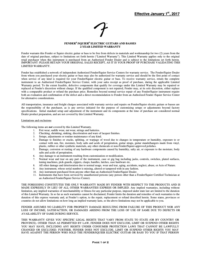 Page 1 de la notice Informations de garantie Fender Lincoln Brewster Stratocaster