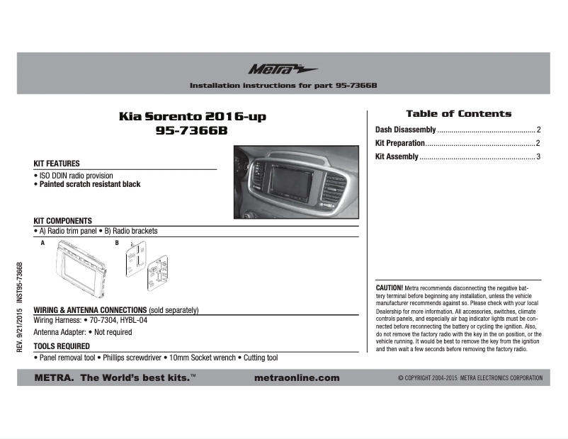 Page 1 de la notice Manuel utilisateur Metra 95-7366B