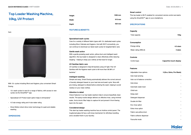 Image de la première page du manuel de l'appareil HWT10ADB1