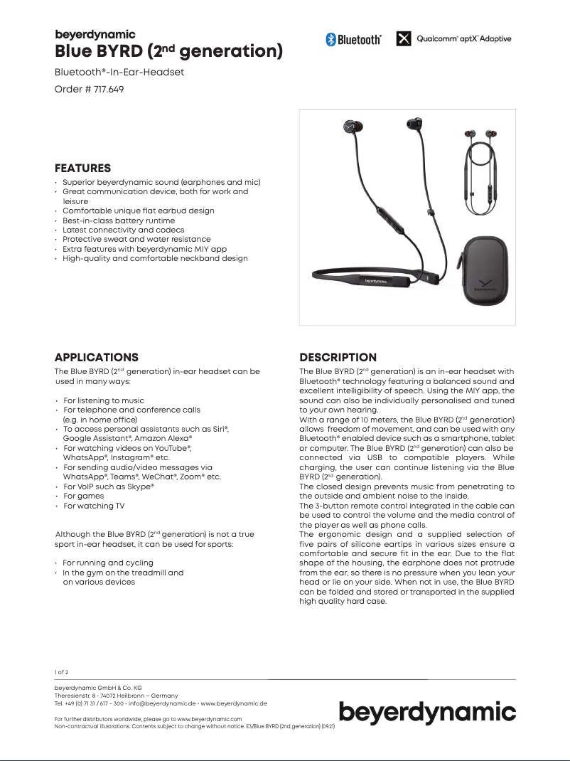 Page 1 de la notice Fiche technique Beyerdynamic Blue Byrd
