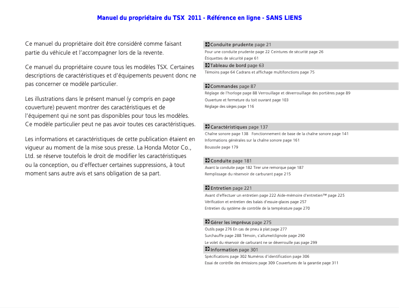 Page n°1 - Manuel utilisateur Acura TSX (2011)