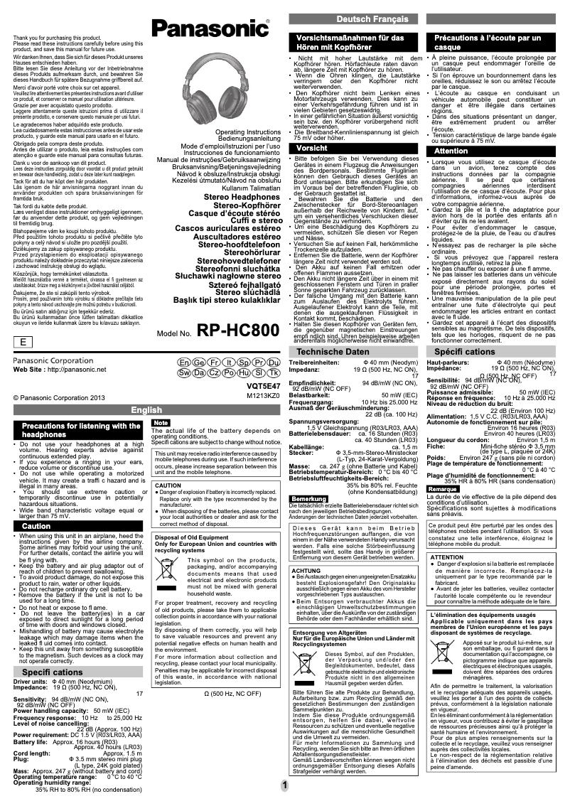 Page n°1 - Manuel utilisateur Panasonic RP-HC800E