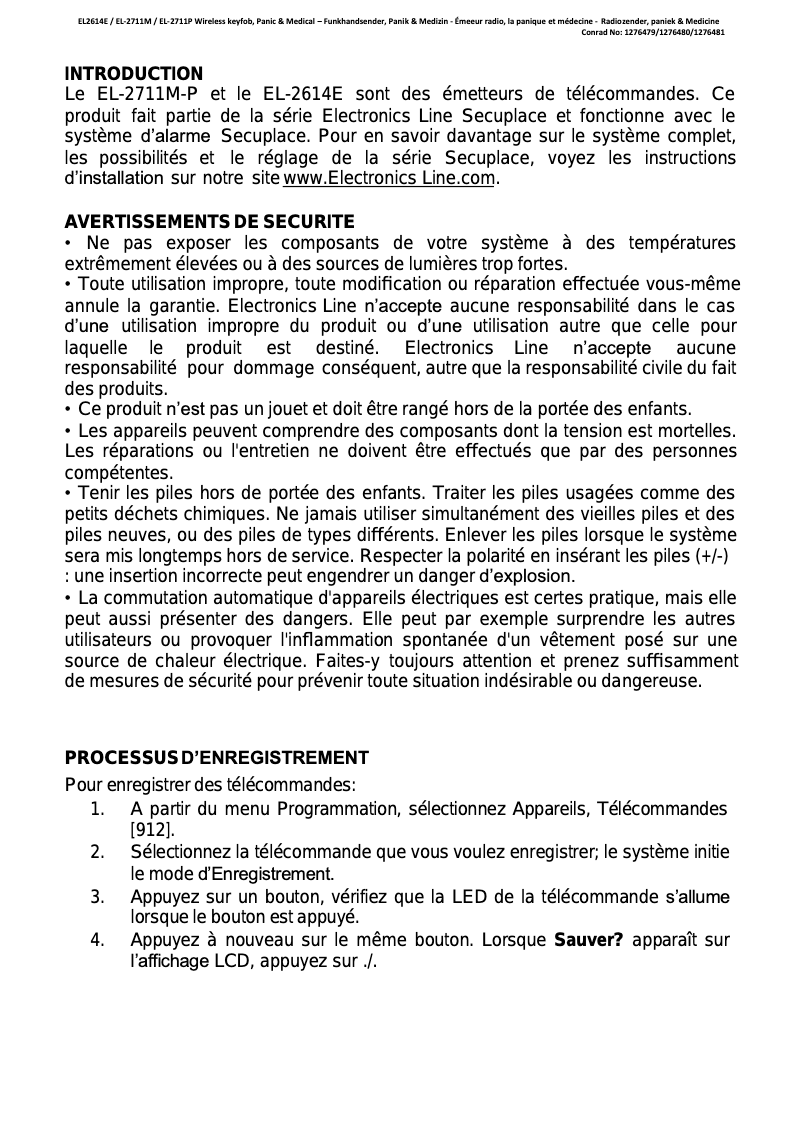 Page n°1 - Manuel utilisateur Electronics Line EL-2711M