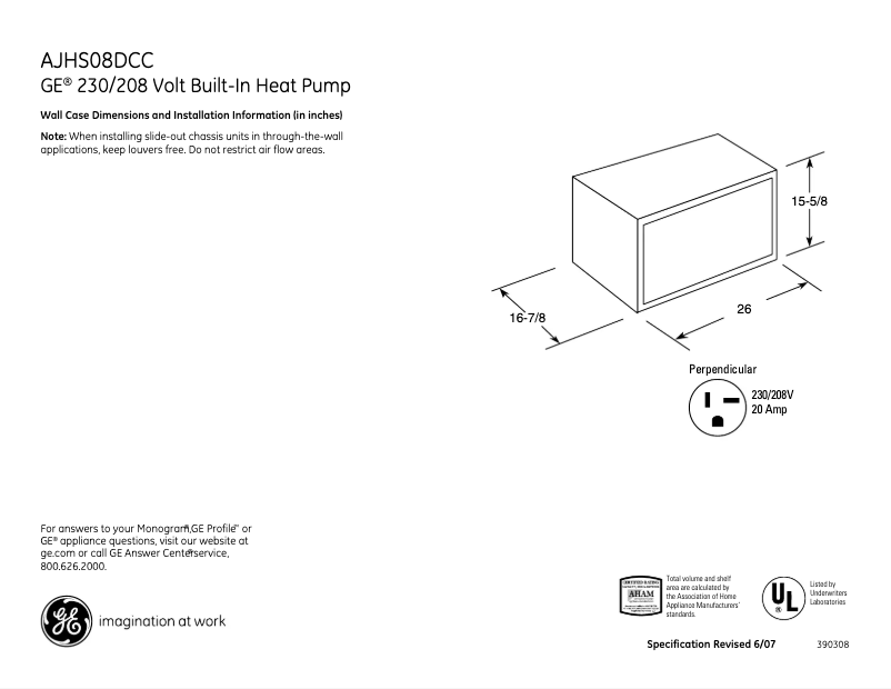Page 1 de la notice Fiche technique GE AJHS08DCC