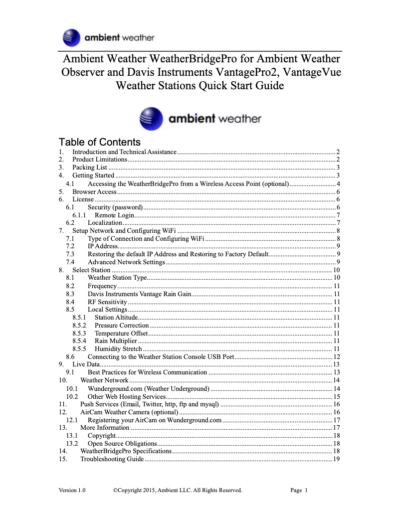 Image de la première page du manuel de l'appareil WeatherBridgePro
