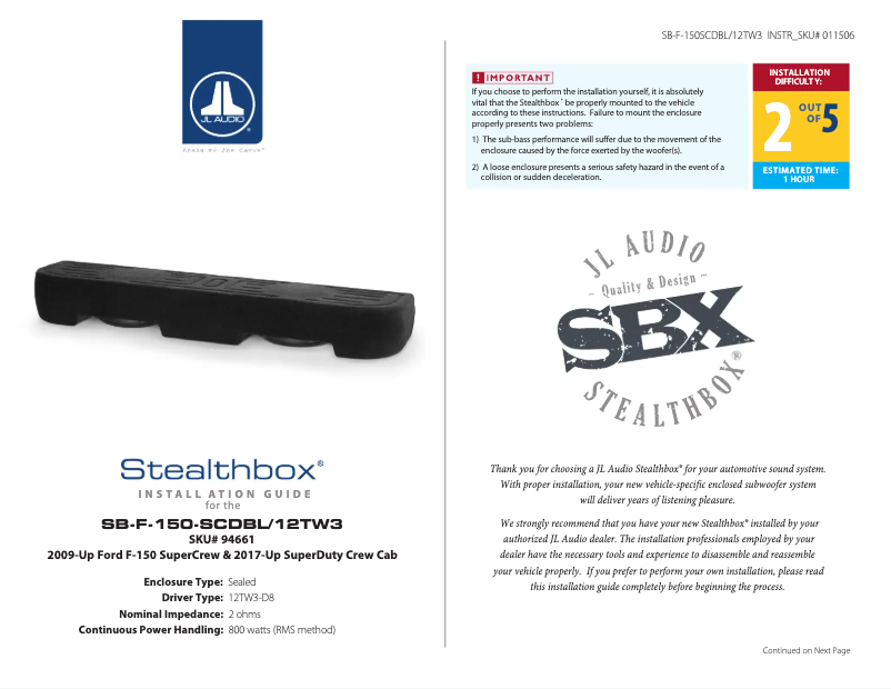 Image de la première page du manuel de l'appareil Stealthbox SB-F-150-SCDBL/12TW3/BK