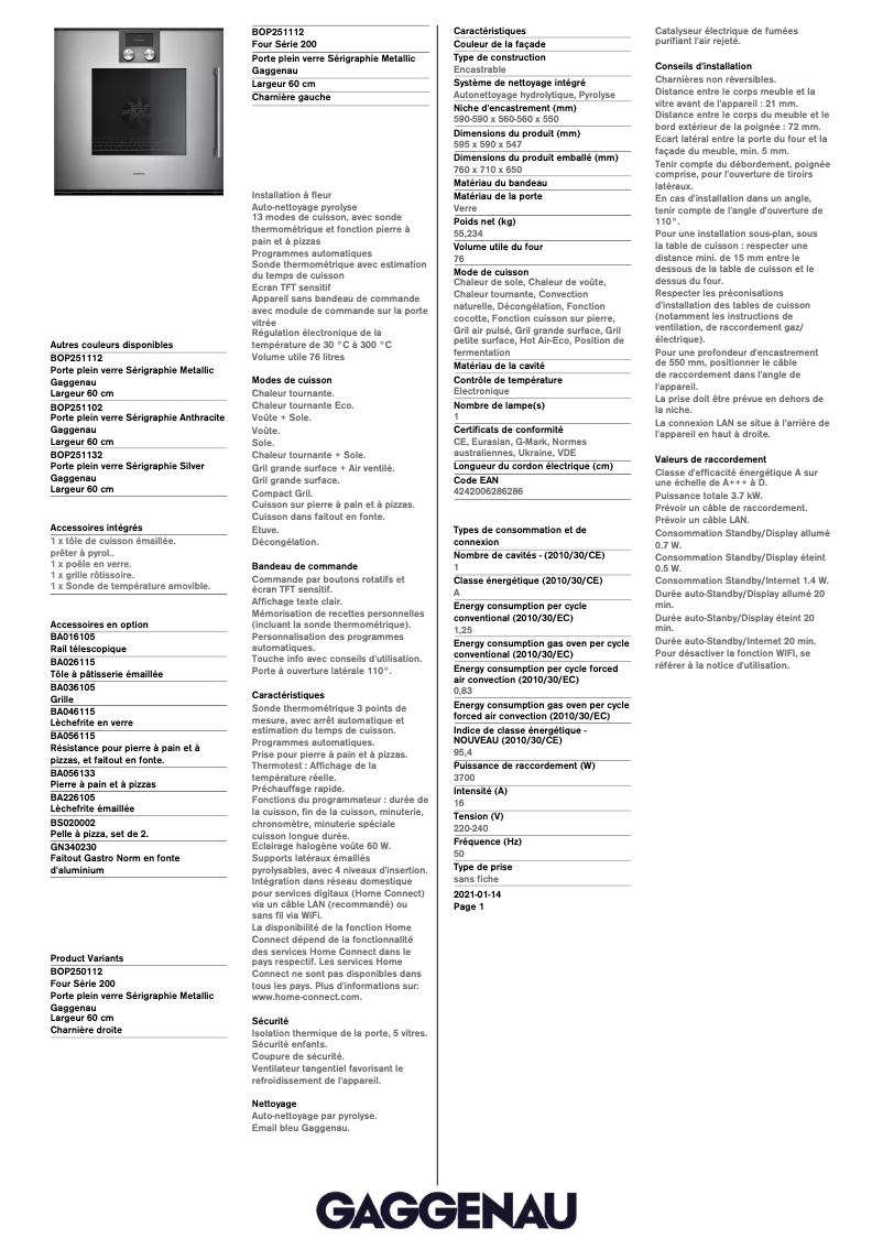 Page 1 de la notice Fiche technique Gaggenau BOP251112