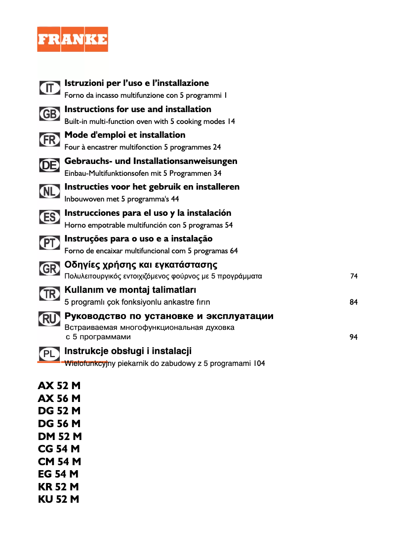 Page n°1 - Manuel utilisateur Franke AX 52 M XS