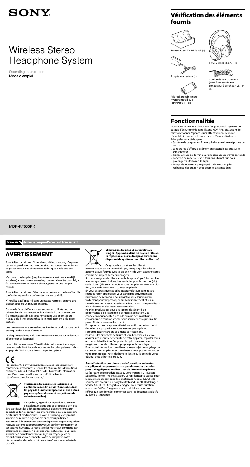 Page n°1 - Manuel utilisateur Sony MDR-RF855
