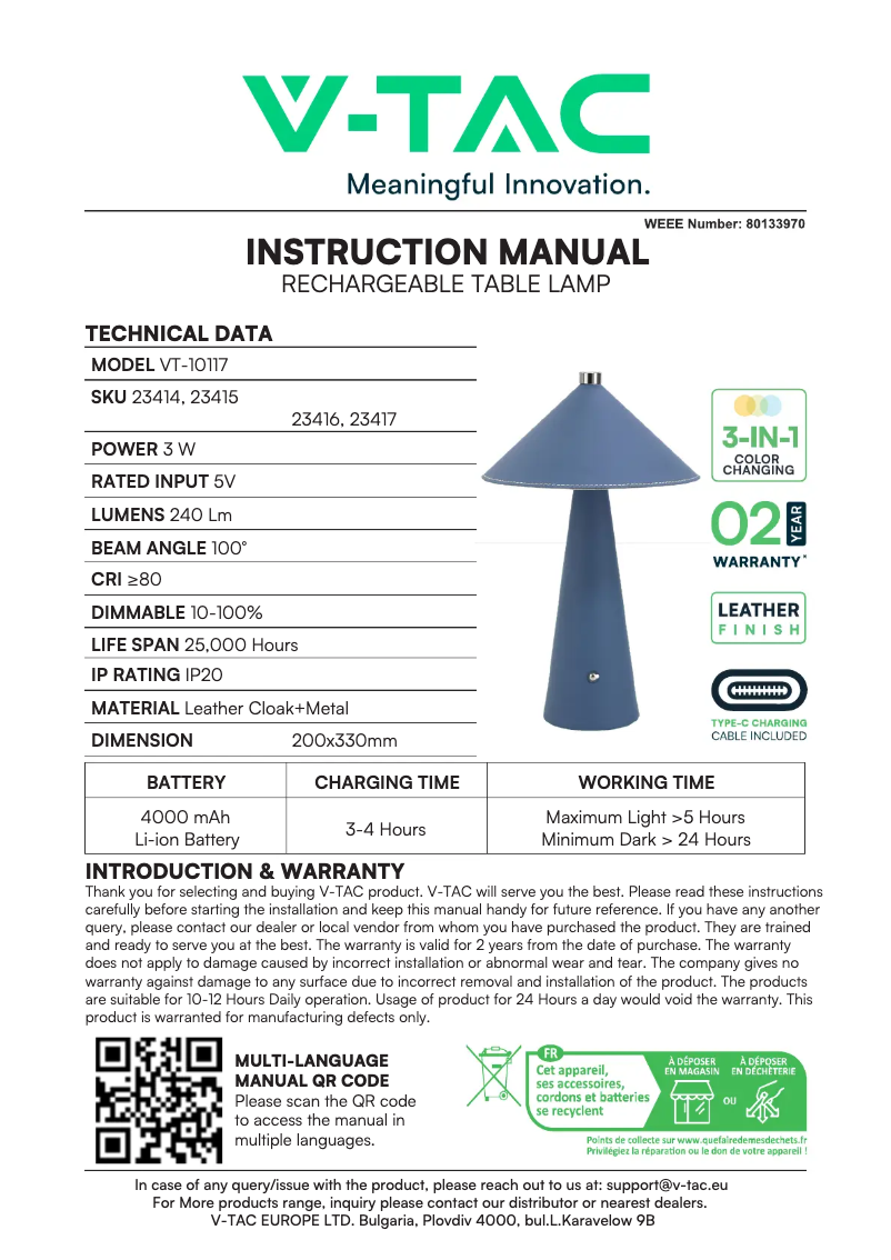 Page 1 de la notice Manuel utilisateur V-TAC VT-10117
