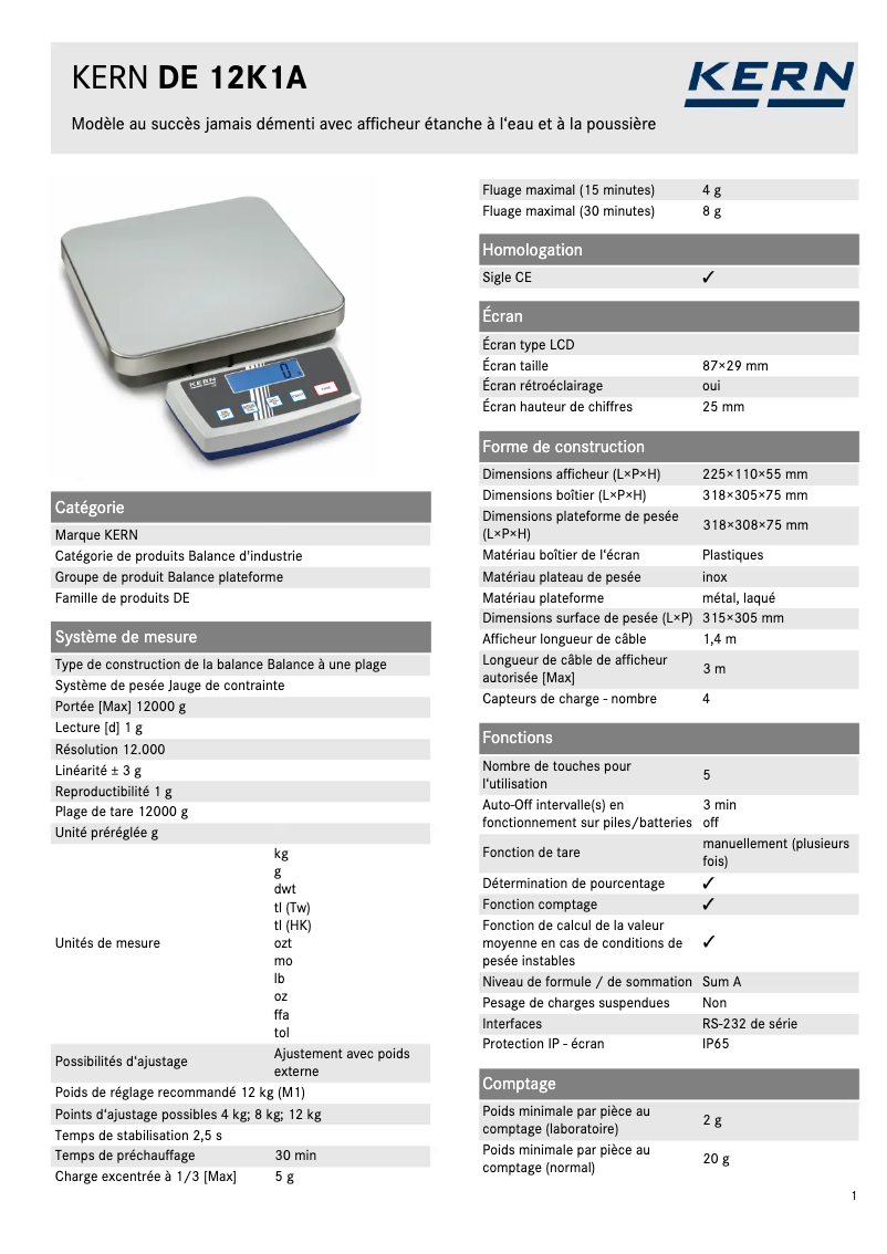 Page 1 de la notice Fiche technique Kern DE 12K1A