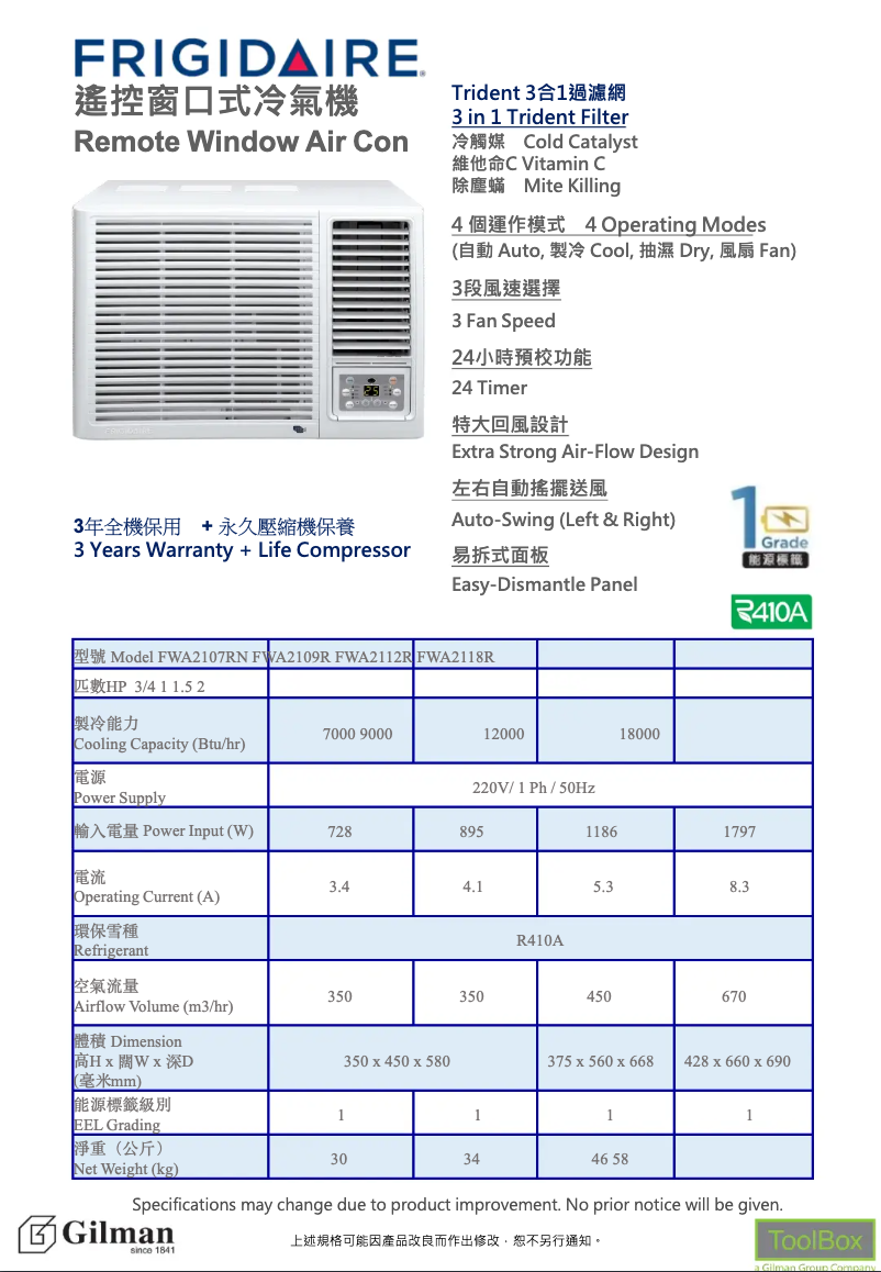 Page 1 de la notice Manuel utilisateur Frigidaire FWA2109R