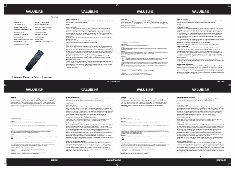 Page 1 de la notice Manuel utilisateur Valueline VLR-RC001