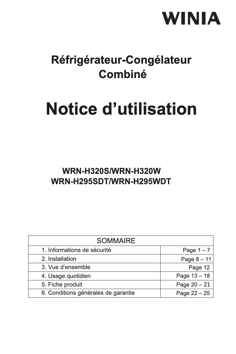 Page 1 de la notice Manuel utilisateur Winia WRN-H295W
