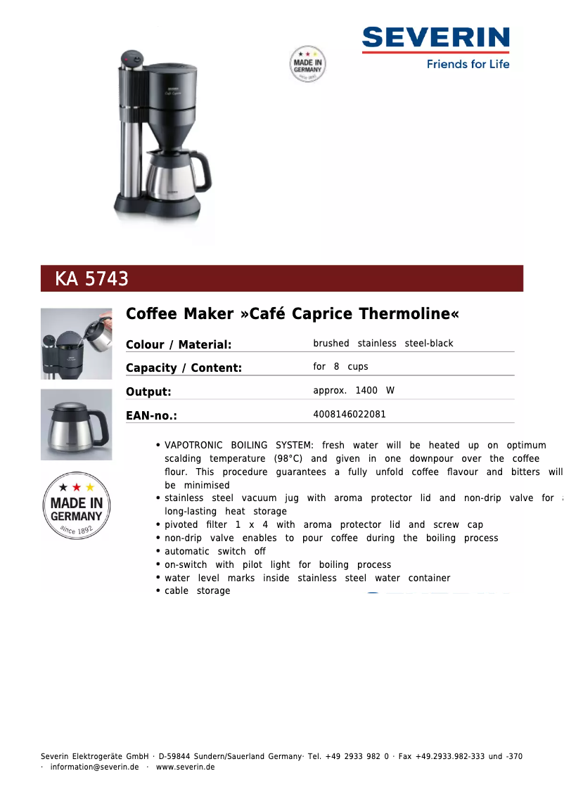 Page 1 de la notice Fiche technique Severin KA 5743