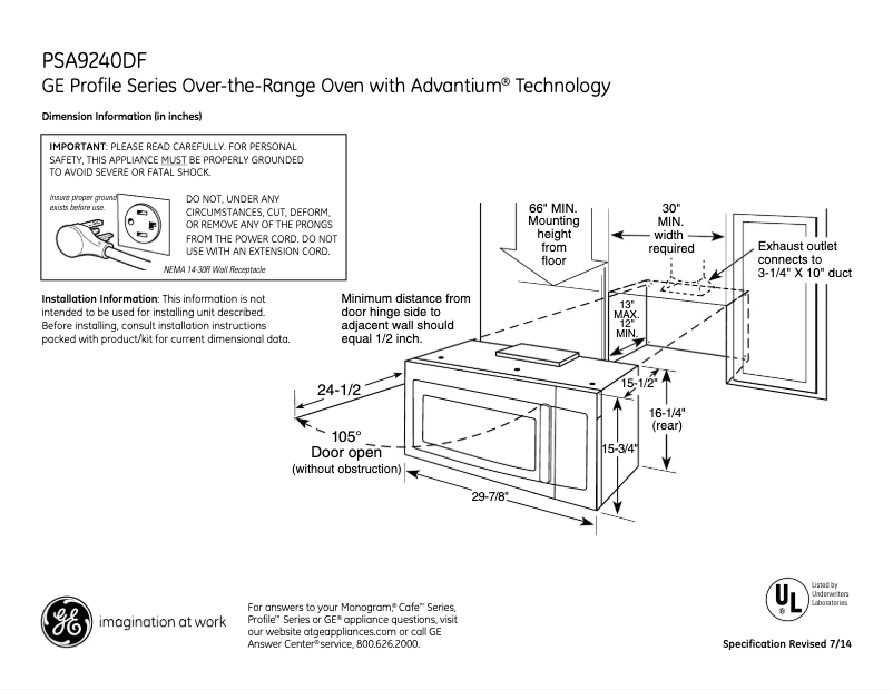 Page 1 de la notice Fiche technique GE PSA9240DFBB