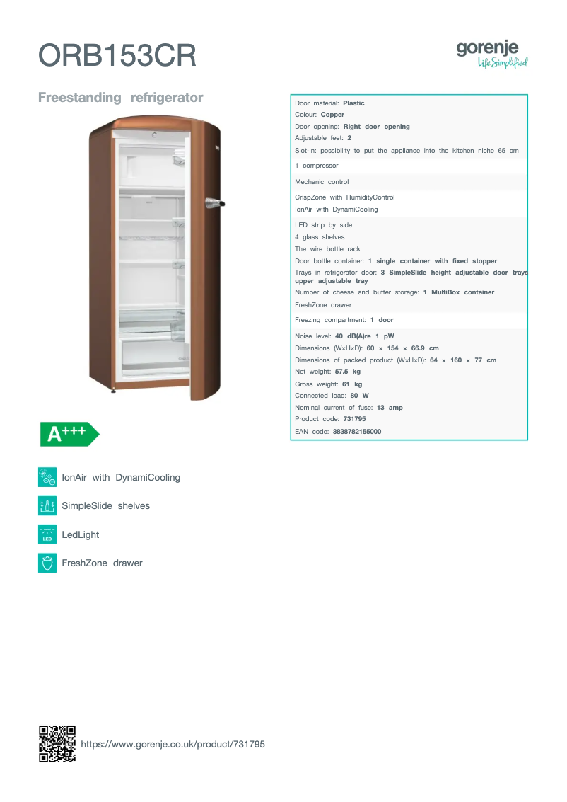 Page n°1 - Fiche technique Gorenje ORB153CR