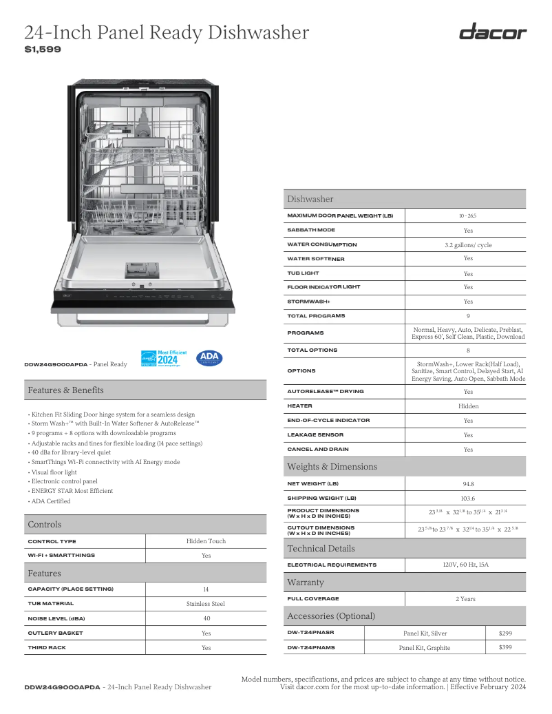 Page n°1 - Fiche technique Dacor DDW24G9000AP