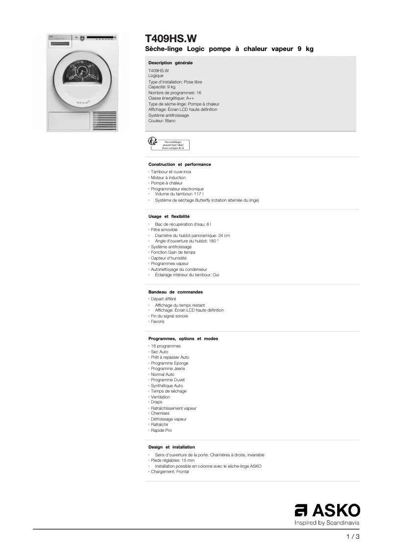 Page 1 de la notice Fiche technique Asko T409HS.W
