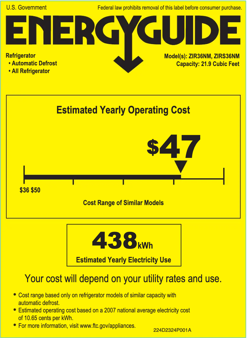 Page n°1 - Label énergétique GE ZIRS36NMLH