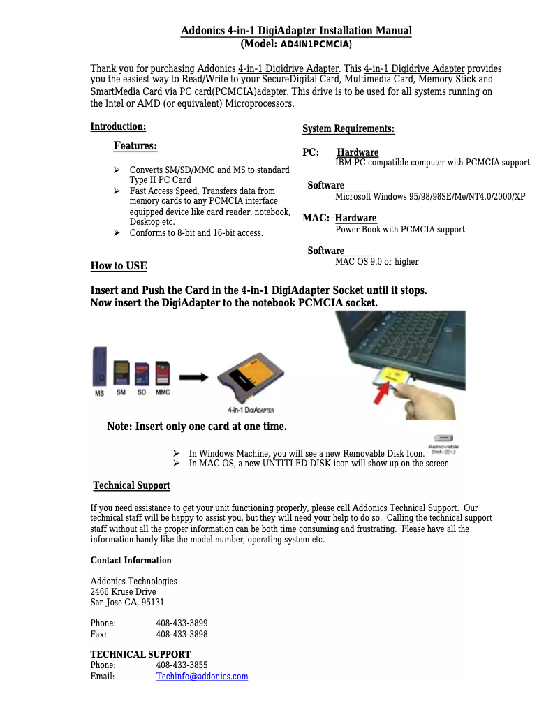 Page 1 de la notice Manuel utilisateur Addonics ADPMAF-X