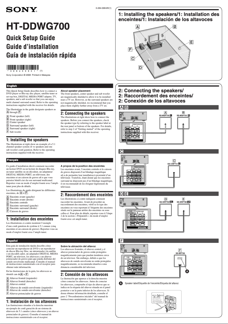 Page 1 de la notice Guide d'installation Sony HT-DDWG700