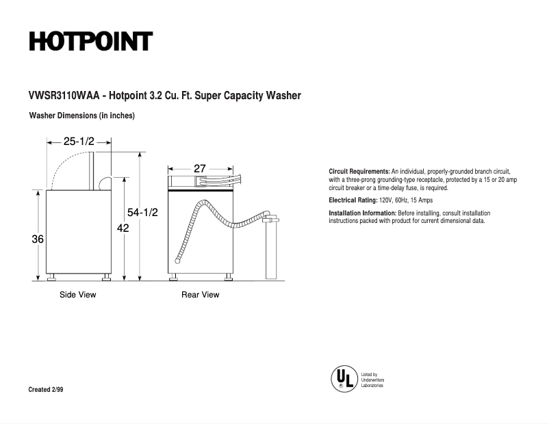 Page n°1 - Fiche technique Hotpoint VWSR3110WAA