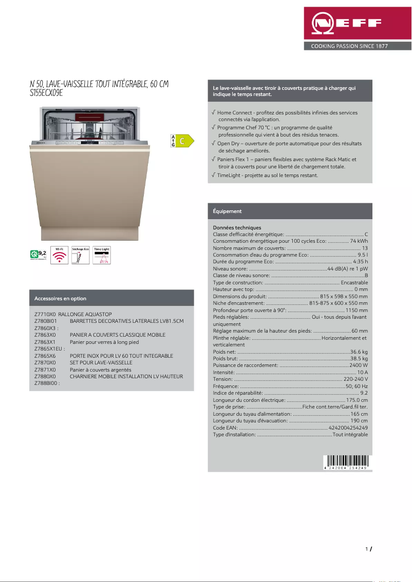 Page 1 de la notice Fiche technique Neff S155ECX09E