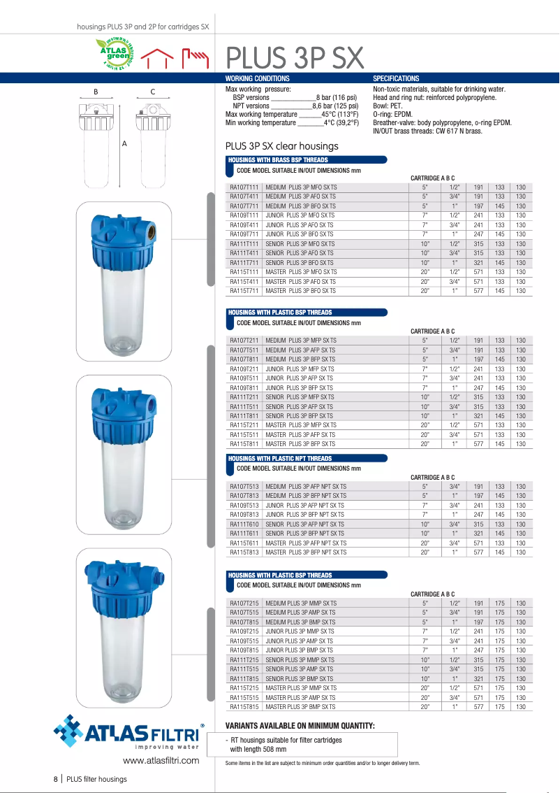 Page 1 de la notice Fiche technique Atlas Filtri Plus 3P SX