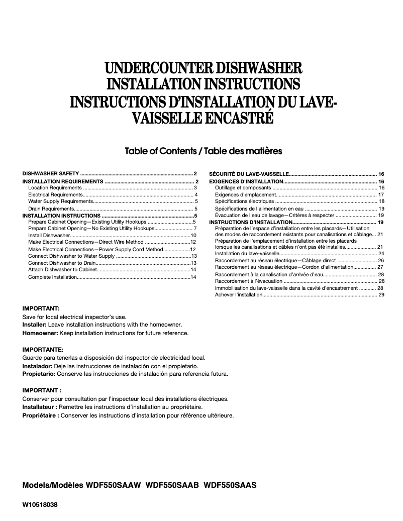 Page 1 de la notice Instructions / montage Whirlpool WDF550SAAW