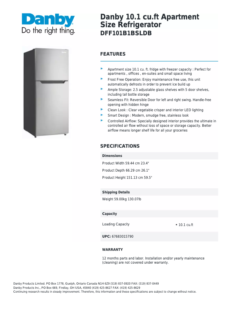 Página 1 del manual Ficha técnica Danby DFF101B1BSLDB