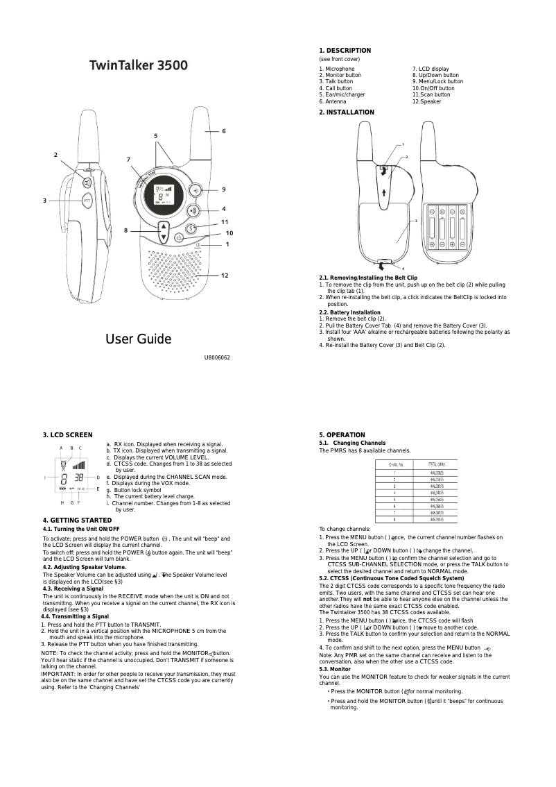 Page n°1 - Manuel utilisateur Topcom Twintalker 3500