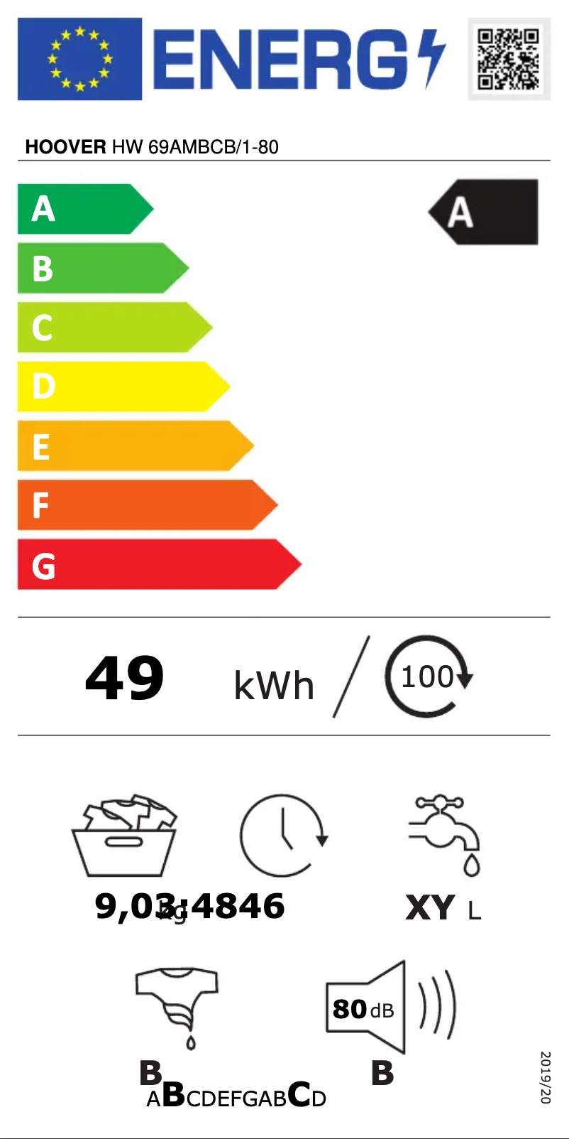 Page n°1 - Label énergétique Hoover H-WASH 500 HW 69AMBCB/1-80