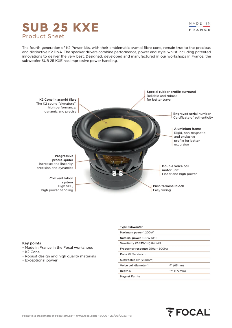 Page 1 de la notice Fiche technique Focal K2 Power Evo SUB 25 KXE