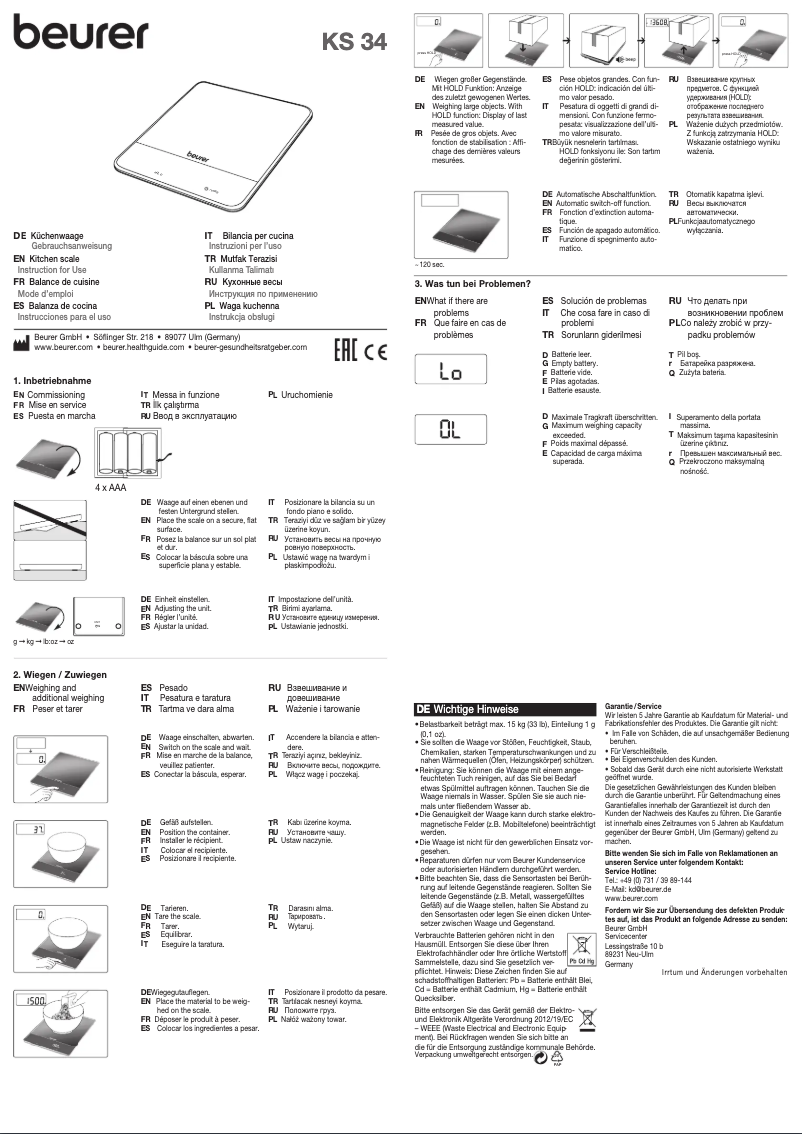 Page 1 de la notice Manuel utilisateur Beurer KS 34 XL
