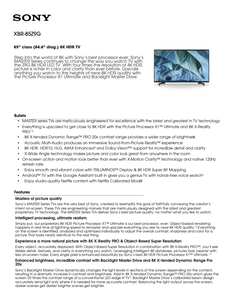 Page 1 de la notice Fiche technique Sony Bravia XBR-85Z9G