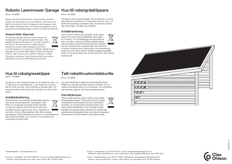 Page n°1 - Manuel utilisateur Clas Ohlson Robotic lawnmower Garage