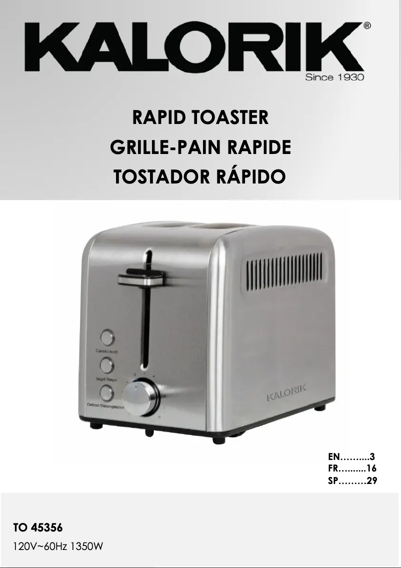 Page 1 de la notice Manuel utilisateur Kalorik TO 45356