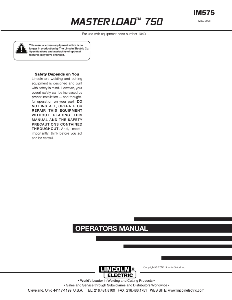 Page 1 de la notice Manuel utilisateur Lincoln Electric Master Load 750