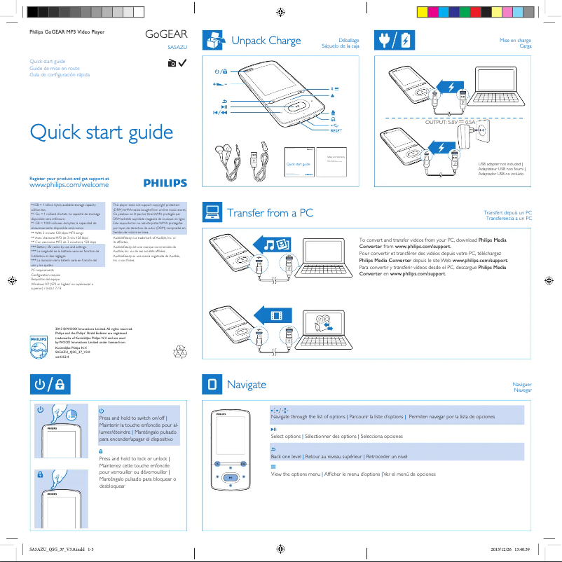 Page n°1 - Guide de démarrage rapide Philips GoGear SA5AZU