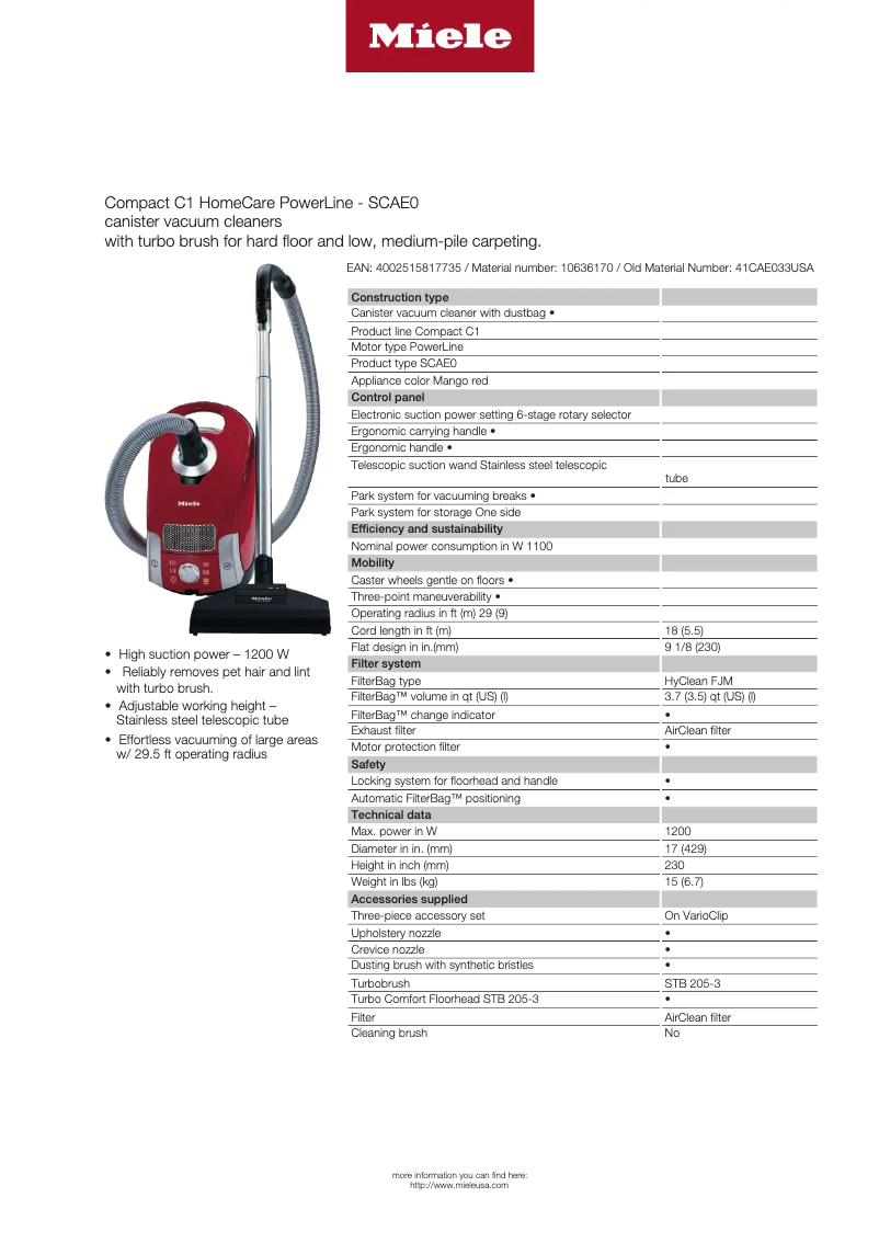 Page n°1 - Fiche technique Miele Compact C1 HomeCare