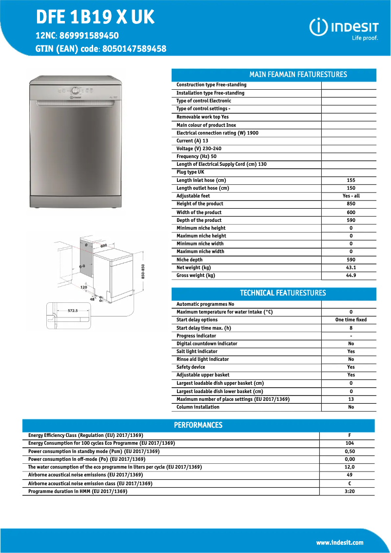 Page 1 de la notice Fiche technique Indesit DFE 1B19 X UK