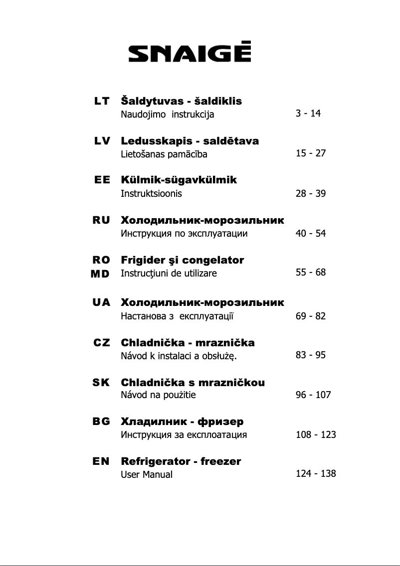 Page n°1 - Manuel utilisateur Snaigė Fresh INN RF62FB-TNCBNE0
