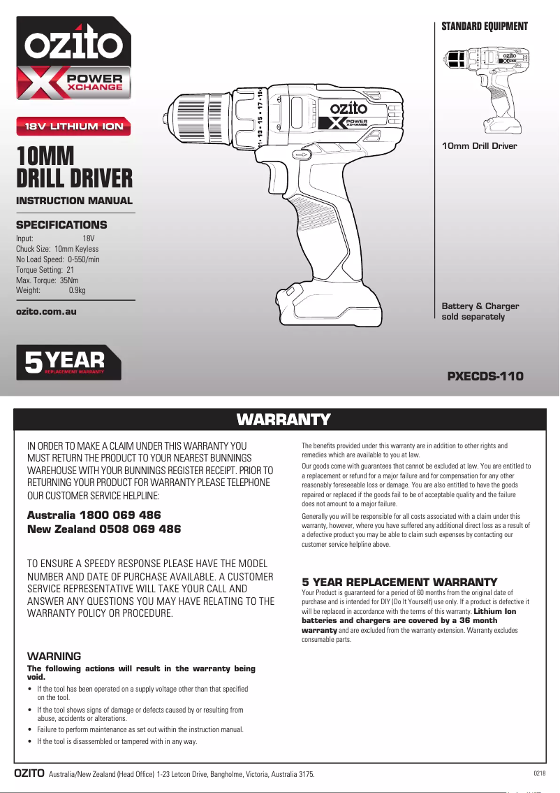 Page 1 de la notice Manuel utilisateur Ozito PXCDK-150