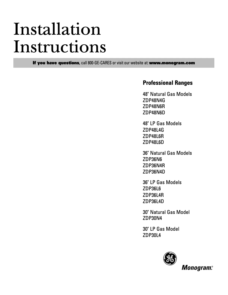 Page n°1 - Guide d'installation GE ZDP48N6DHSS